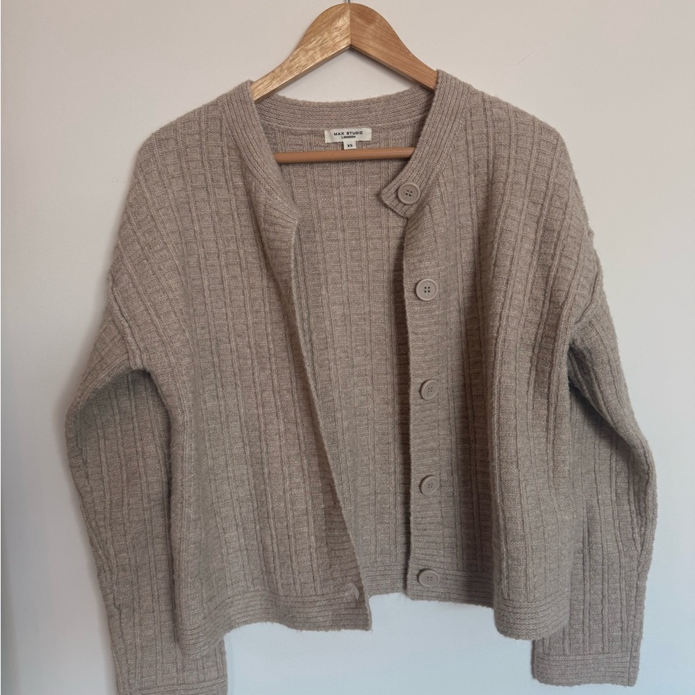 Max Studio Ribbed Button-Up Cardigan in Taupe